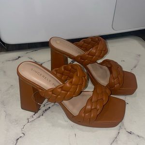 Tan braided platform heels